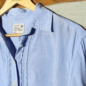 Classic ruffle button down academia white stitching boyfriend fit light blue S